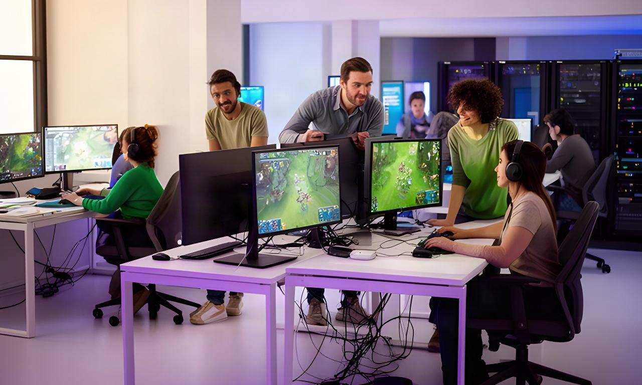 Game developers and player support staff reviewing a multiplayer match at workstations on the studio floor